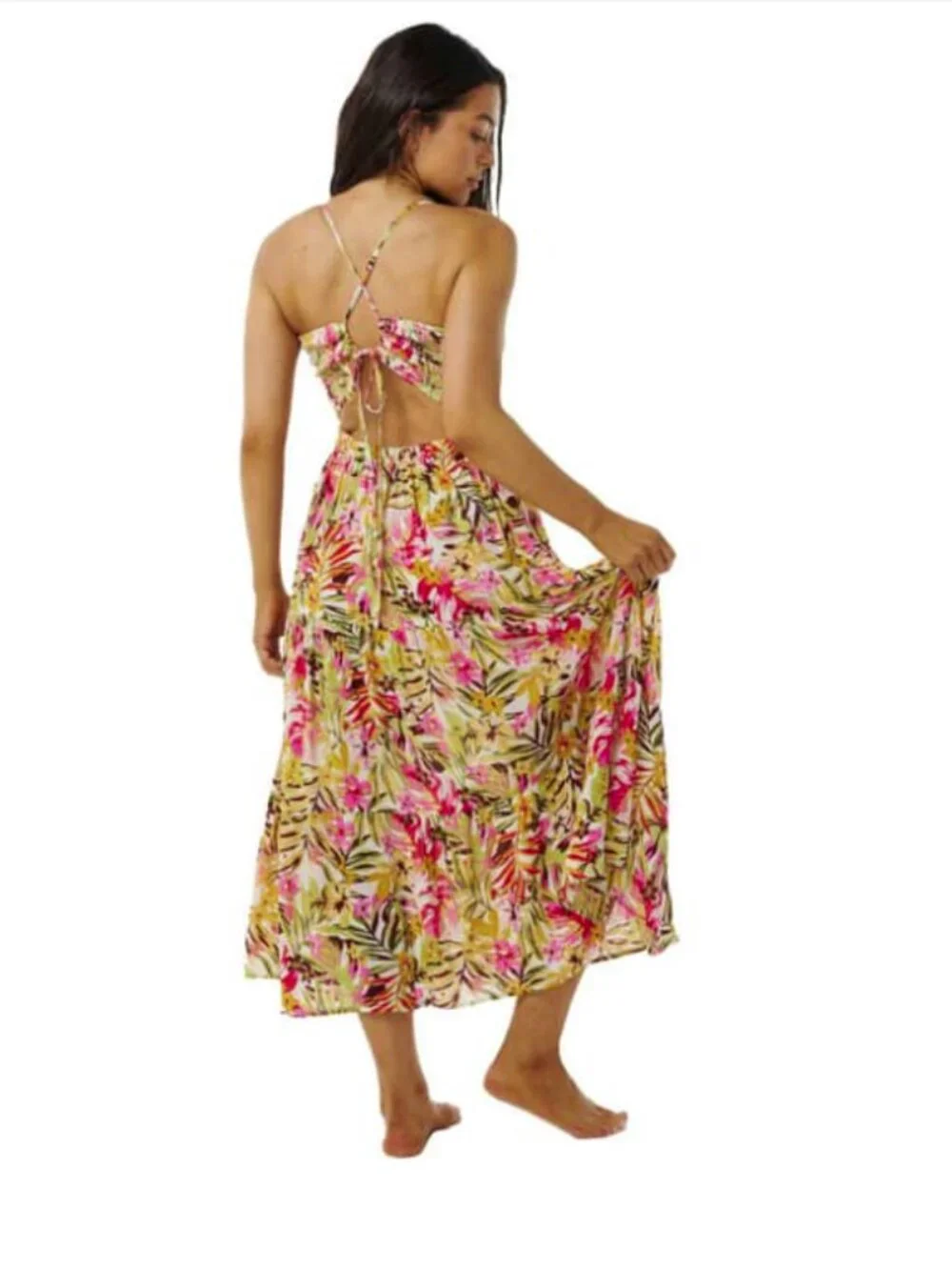 Rip Curl Copacabana Halter Midi Sundress Smocked Tropical Beach Open Back M EUC - Picture 3 of 15